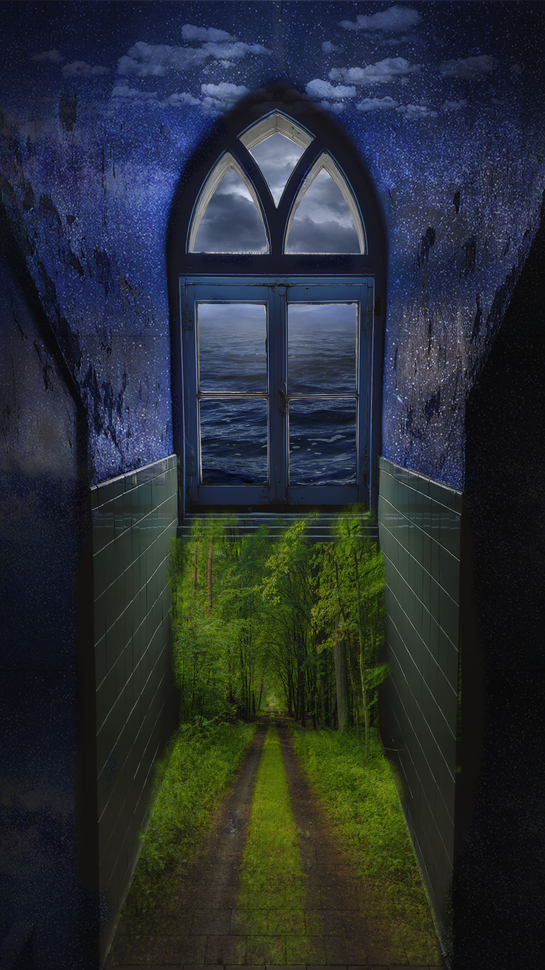Surreal doorway showing multiple realities