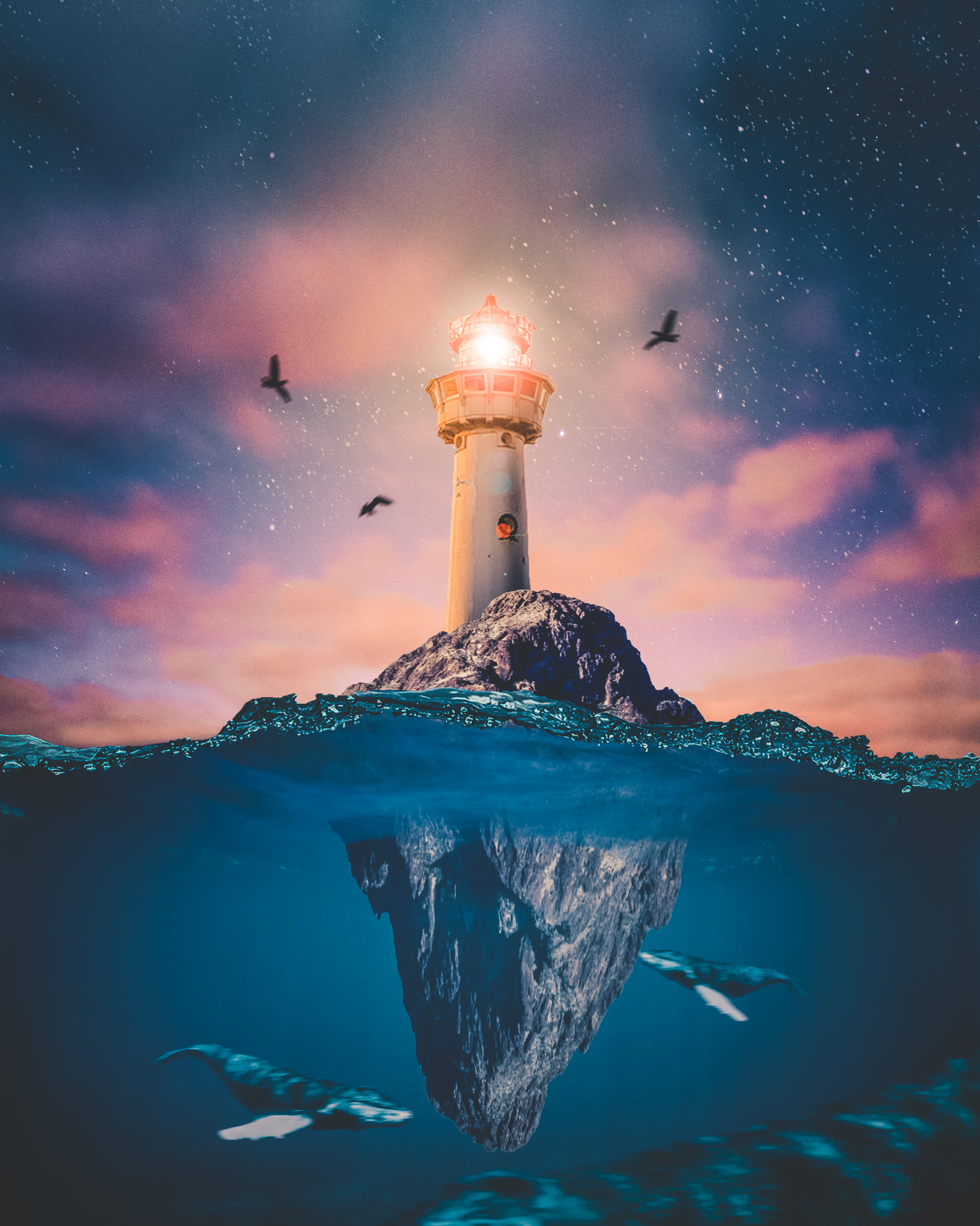 Lighthouse on a rocky island at dusk, beacon lit, with birds circling above and whales visible beneath the waterline
